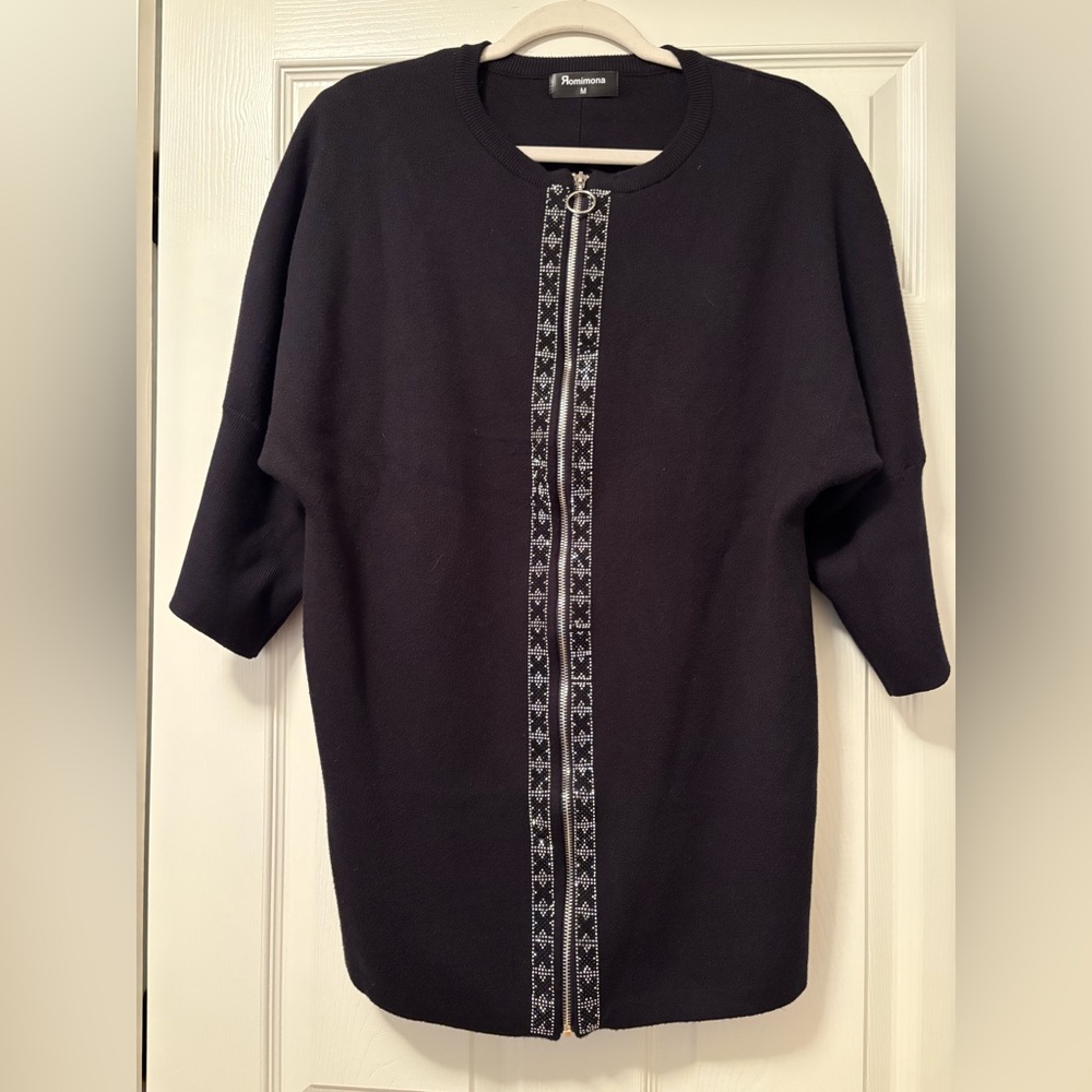 Zip Up Black Cardigan With Rhinestone Embellishments